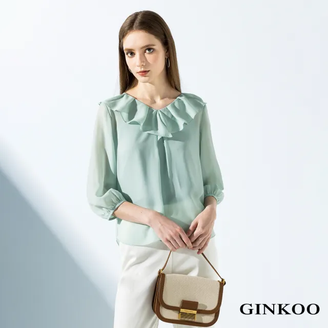 【GINKOO 俊克】荷葉領七分袖上衣