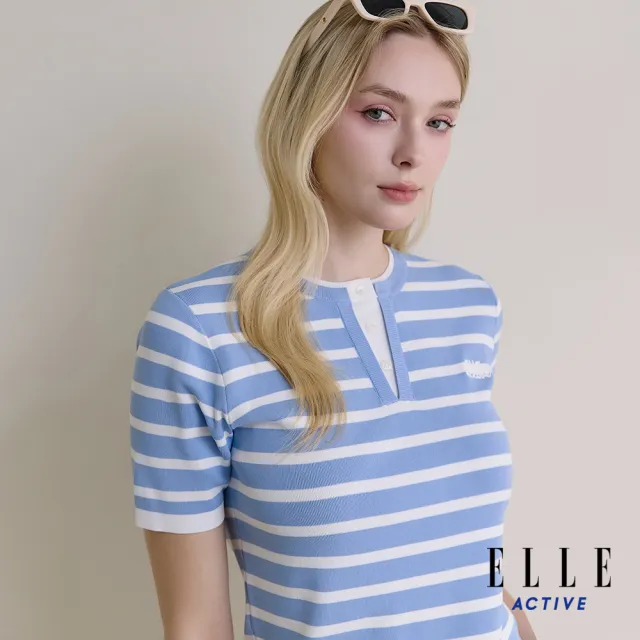 【ELLE ACTIVE】女款 假兩件條紋排釦圓領針織短袖上衣-淺藍色(EA26S1W5106-31)