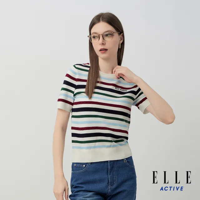 【ELLE ACTIVE】女款 撞色條紋針織短袖上衣-白色(EA26S1W5104-90)