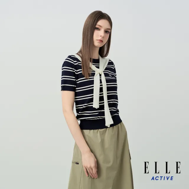 【ELLE ACTIVE】女款 學院風條紋披肩圓領針織短袖上衣-深藍色(EA26S1W5102-39)