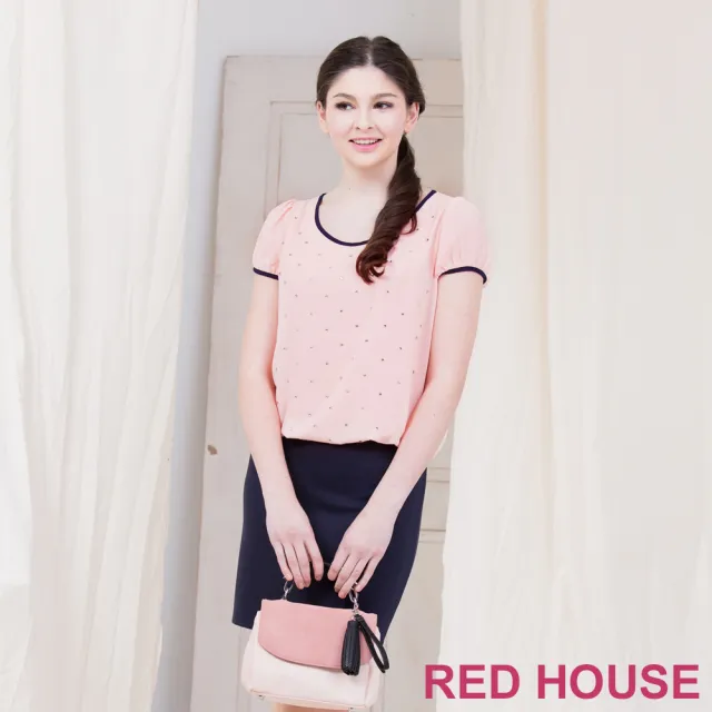 【RED HOUSE 蕾赫斯】水鑽點綴澎澎低腰剪接洋裝(粉色)