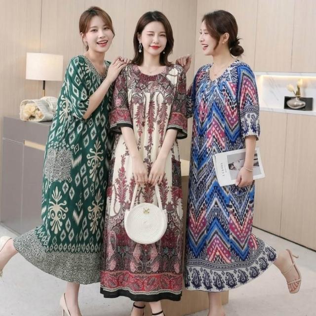 【巴黎精品】現貨限搶 連身裙棉綢洋裝大尺碼女裝(圓領寬鬆花色遮肉顯瘦連衣裙女裙子22款b1a13 B)