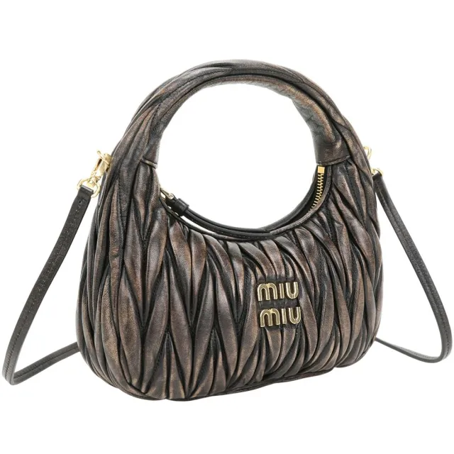 【MIU MIU】Wander Matelasse 小款 皺褶仿舊納帕羊皮手提 斜背包-22CM/咖啡棕