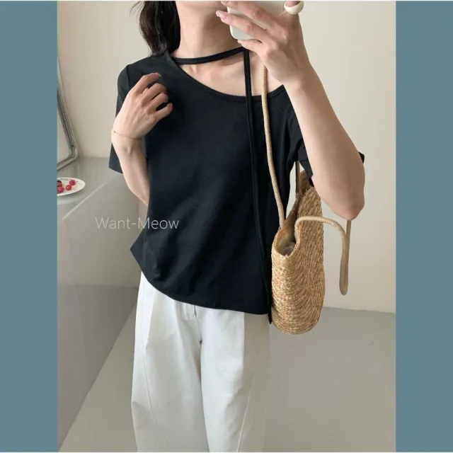 【Want-Meow】韓系甜辣！台灣㊣現貨☆９５公斤可！斜肩綁帶/上衣/中大尺碼上衣/Want Meow招財貓旺鋪