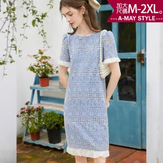 【Amay Style 艾美時尚】春新品 中大尺碼女裝 洋裝 連身裙 撞色花邊刺繡鏤空感連身洋裝。M-2XL(藍.預購)