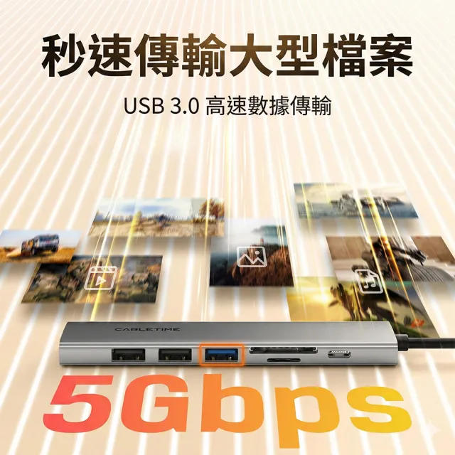 CABLETIME 7合1 Type-C 擴充連接埠 100W快充 SD/TF 讀卡機 4K螢幕轉接 集線器