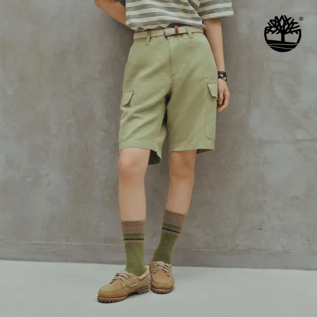 【Timberland】男款灰綠色寬版亞麻混紡工裝短褲(A44W7BQ0)