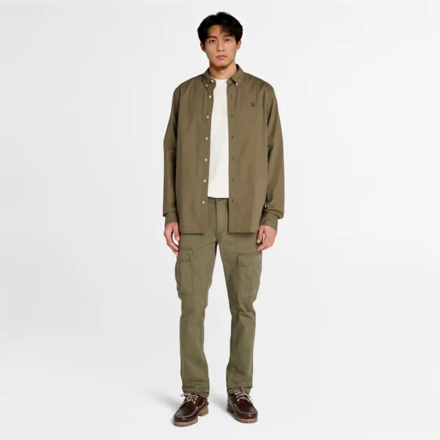 【Timberland】男款灰綠色彈性府綢長袖襯衫(A2ANC590)