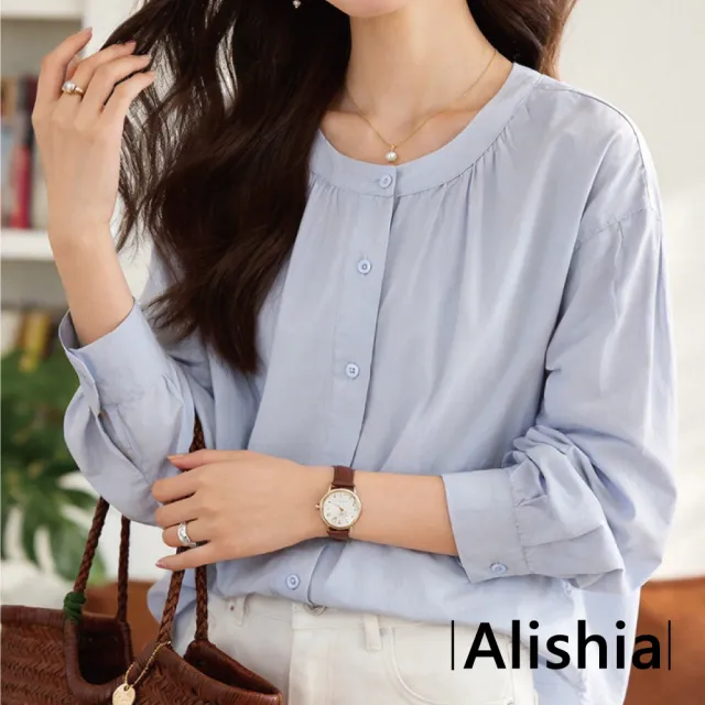 【Alishia】日系百搭質感素面圓領寬鬆襯衫 上衣 F (白色/藍色)