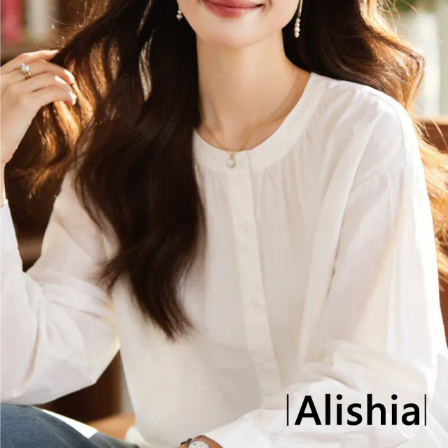 【Alishia】日系百搭質感素面圓領寬鬆襯衫 上衣 F (白色/藍色)