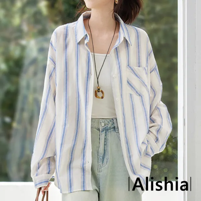 【Alishia】日系百搭質感條紋落肩長袖襯衫 上衣 F (藍條紋)