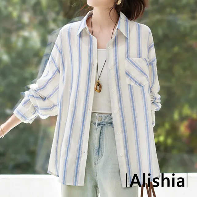 【Alishia】日系百搭質感條紋落肩長袖襯衫 上衣 F (藍條紋)