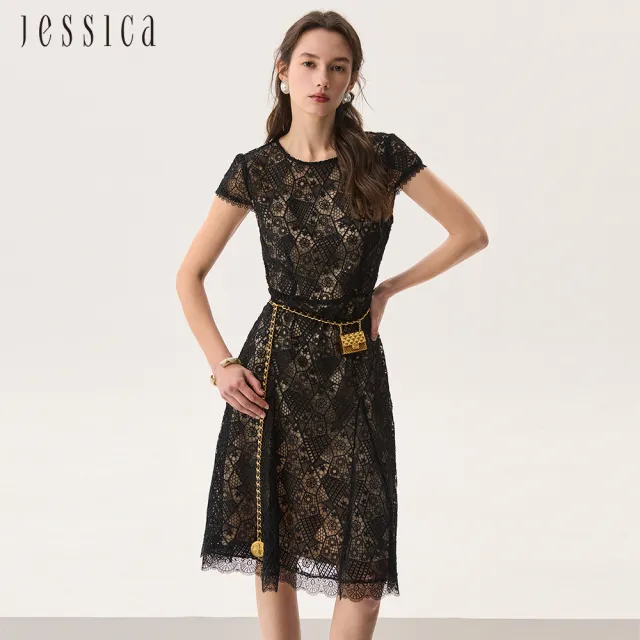 【JESSICA】高雅收腰顯瘦透膚蕾絲短袖洋裝253721