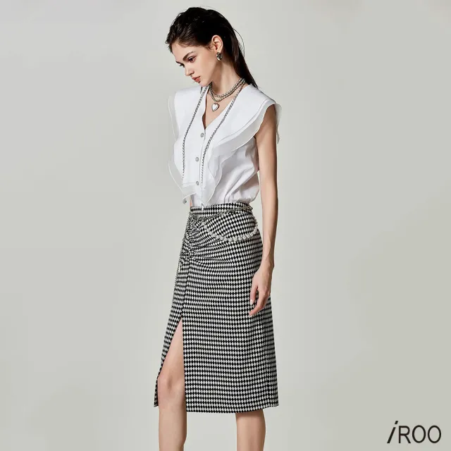 【iROO】菱形棋盤格開叉窄裙