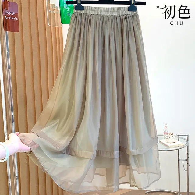 【初色】日式文藝復古純色鬆緊高腰顯瘦輕薄雙層A字傘裙中長裙半身裙-卡其色-50455(F可選)