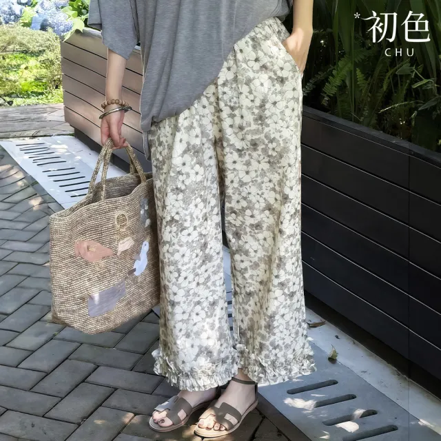 【初色】復古風水墨碎花印花中腰雙口袋木耳邊拼接九分褲直筒褲休閒褲寬褲長褲-花色-50542(M-2XL可選)