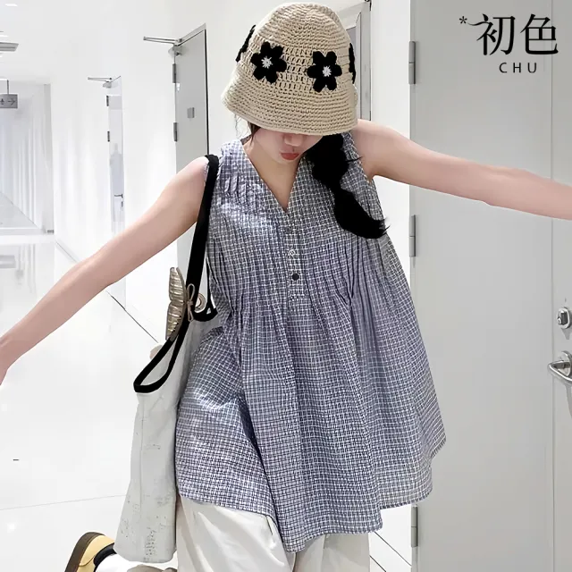 【初色】日系甜美風透氣撞色格紋無袖V領鈕扣修身褶皺背心上衣女上衣-格紋-50540(M-2XL可選)