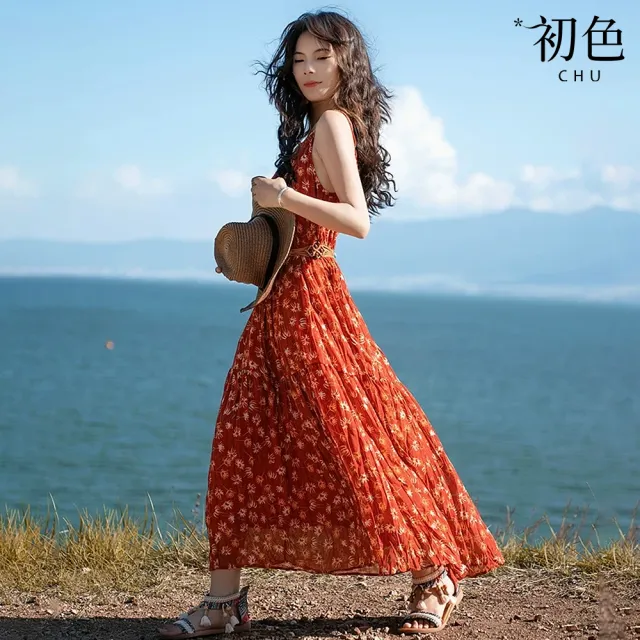 【初色】波希米亞風V領吊帶無袖輕薄壓褶A字傘擺中長裙連衣裙連身洋裝長裙-紅色-50537(M-2XL可選)