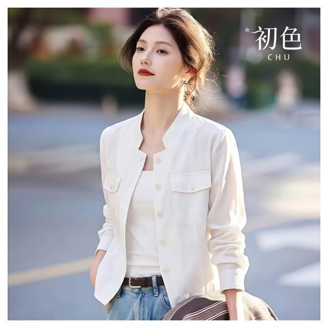 【初色】老錢風薄款純色胸口袋單排釦立領長袖天絲空調襯衫外套女外套-白色-50549(M-2XL可選)