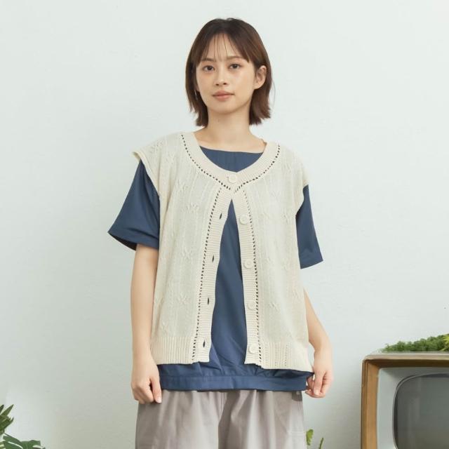 【MOSS CLUB】立體星芒緹花鏤空排釦針織背心 藍 杏 灰(魅力商品)