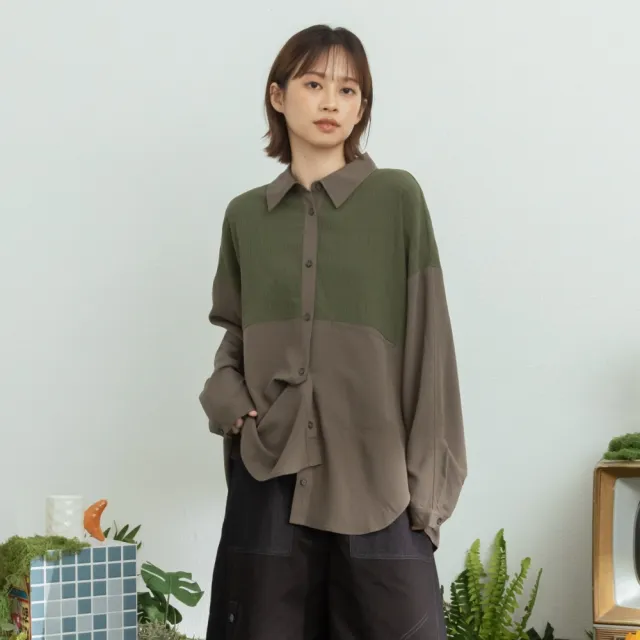【MOSS CLUB】天絲棉彈緹花拼接寬鬆長袖襯衫 黑 白 綠