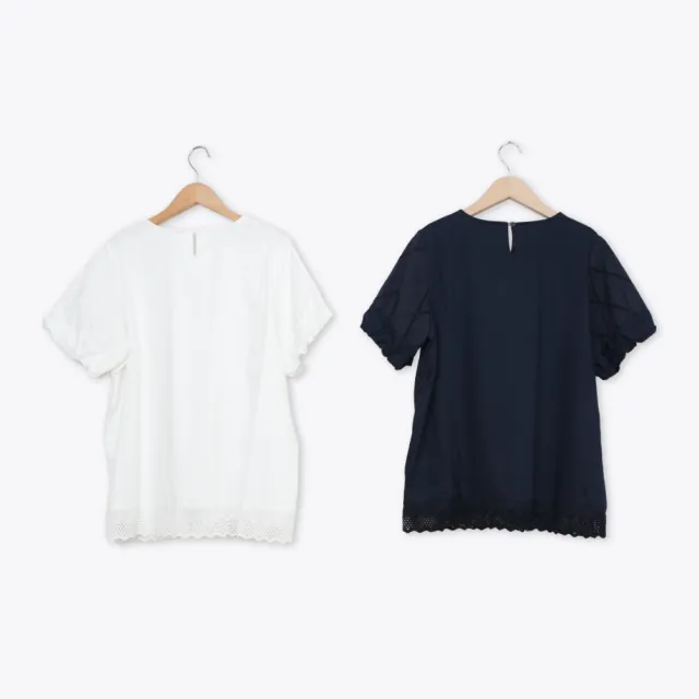 【MOSS CLUB】棉質泡泡袖拼接花邊蕾絲上衣 藍 白