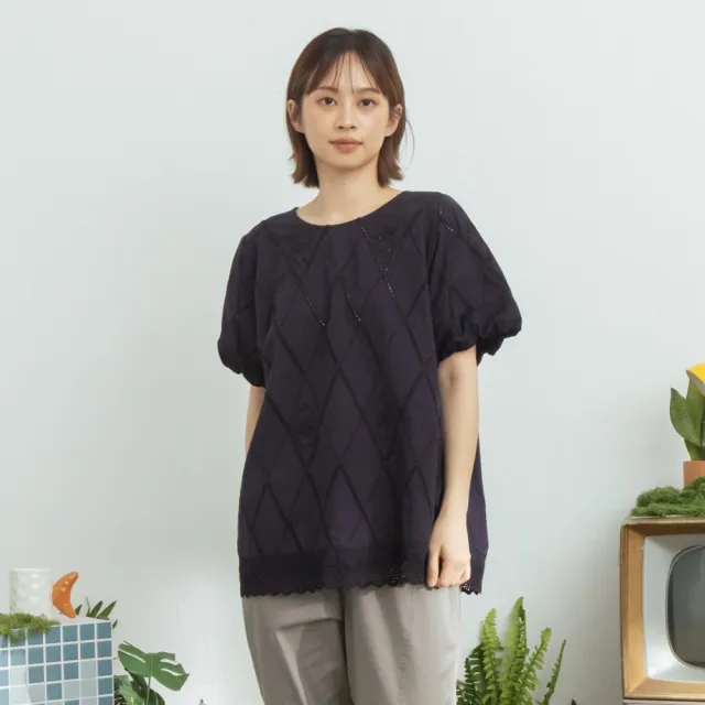 【MOSS CLUB】棉質泡泡袖拼接花邊蕾絲上衣 藍 白
