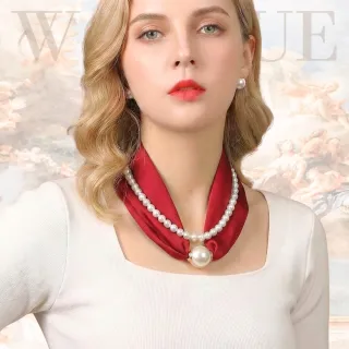 【WOONUE】買一送一高級磁扣絲巾項鍊珍珠樣式項鍊絲綢質感圍巾絲巾(送禮母親老婆媽媽女友閨蜜聖誕禮物)