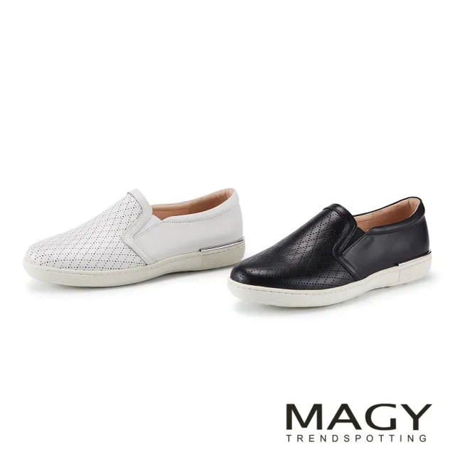 【MAGY】圓頭牛皮格紋平底休閒鞋 白色