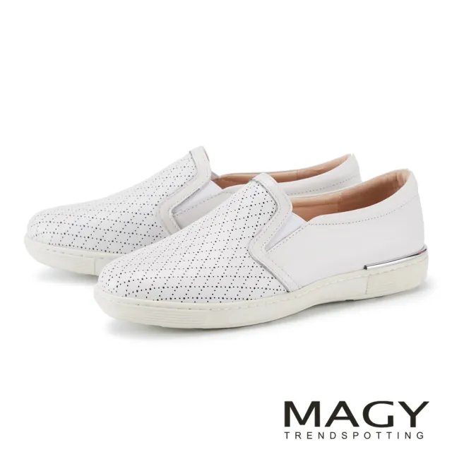 【MAGY】圓頭牛皮格紋平底休閒鞋 白色