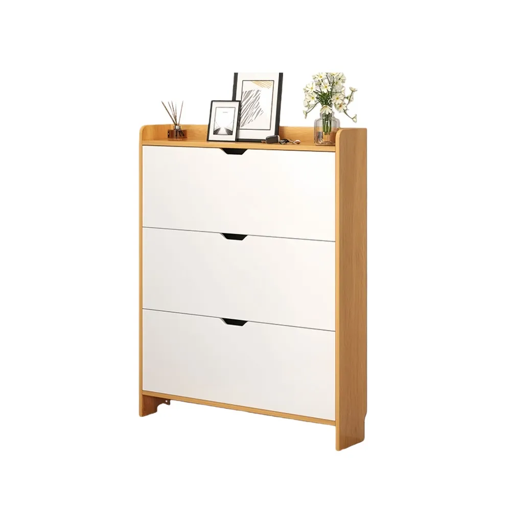 【銘利萊】翻鬥款鞋櫃 家用窄型落地靠牆鞋櫃 收納神器櫃 大容量超薄玄關 簡易鞋櫃(北歐楓木色80*17*115)