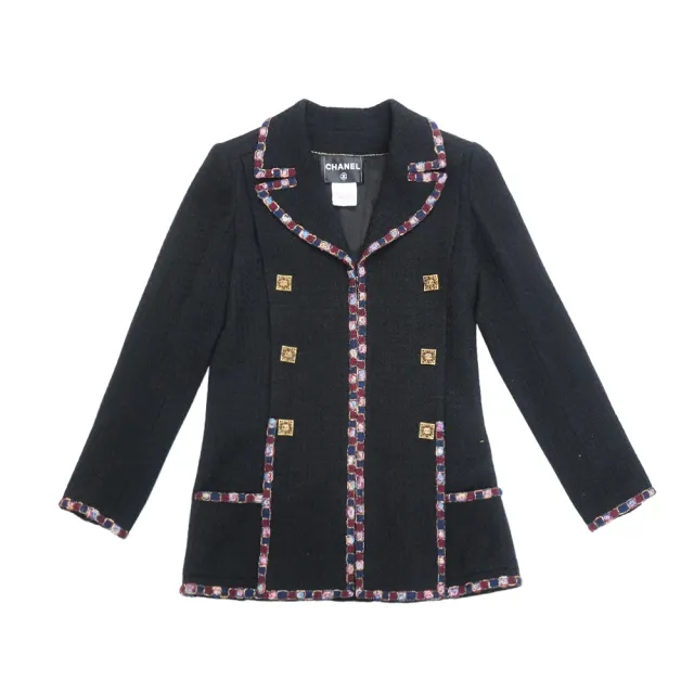 【CHANEL 香奈兒】山茶花鑲邊拜占庭鈕釦翻領毛呢外套#40(黑)-二手品