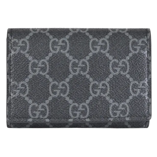 【GUCCI 古馳】GG Supreme 經典雙C印花信用卡證件零錢包(黑灰)
