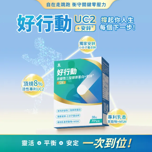 【Ustrong】好行動UC2 非變性二型膠原蛋白+安鋅 30粒入/盒 2入組（小分子螯合鋅/乳香萃取物/MSM)