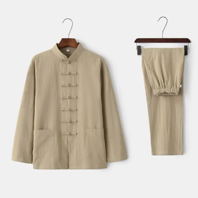 【巴黎精品】現貨限搶 新中式 唐裝漢服套裝兩件套(中國風復古亞麻棉麻盤扣長袖男套裝8色a1bx7)4.30