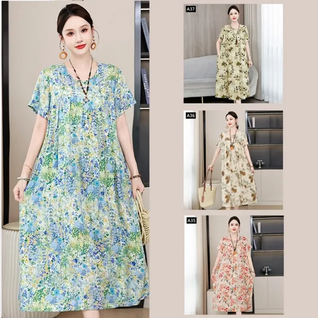 【巴黎精品】現貨限搶 連身裙棉綢洋裝大尺碼女裝(中長款寬鬆花色過膝顯瘦連衣裙女長裙子21款b2a6)