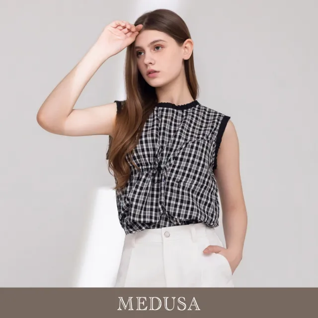 【MEDUSA 曼度莎】現貨-野餐感格紋抽繩造型背心上衣（M-XL）｜格紋背心 涼感上衣 休閒穿搭