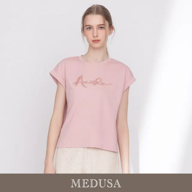 【MEDUSA 曼度莎】現貨-素雅毛絨字母落肩純棉T恤 - 2色（M-XL）｜落肩T恤 純棉上衣 休閒穿搭
