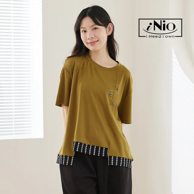 【iNio 衣著美學】對稱拼接撞色縫線短袖上衣 中短側長造型下襬 落肩圓領棉T CHW1013