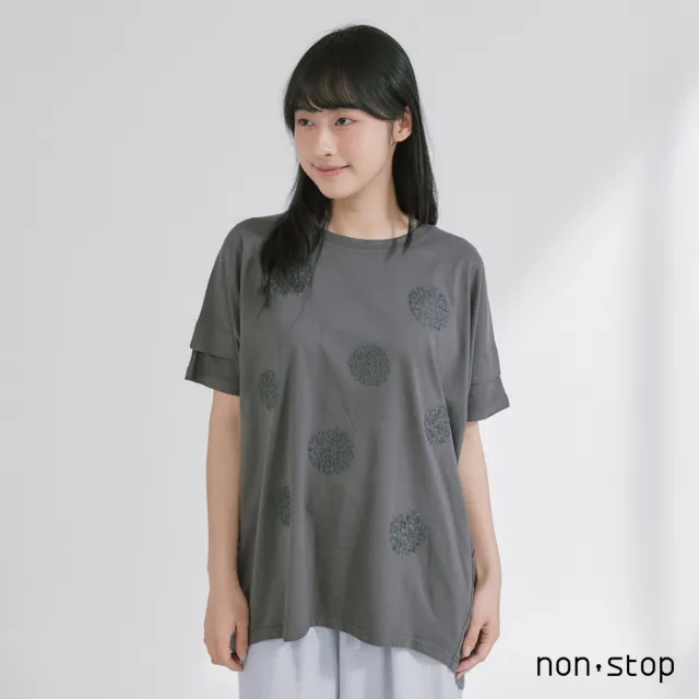 【non-stop】點紋刺繡寬鬆長版T恤-2色
