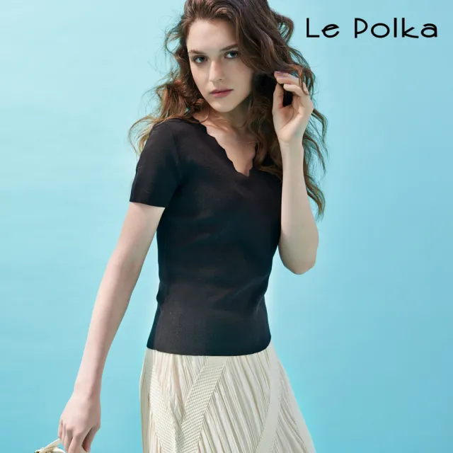 【Le Polka】波浪領素色針織上衣-女
