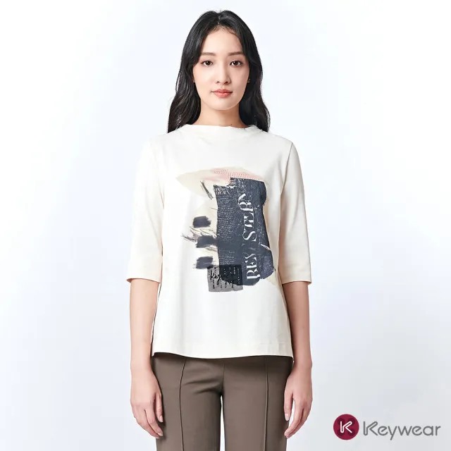 【KeyWear 奇威名品】抽象色塊印花五分袖上衣