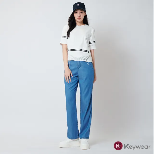 【KeyWear 奇威名品】切割線條設計直筒牛仔褲