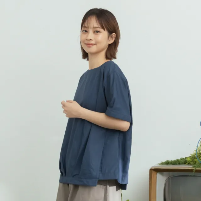 【MOSS CLUB】下擺抓摺接觸涼感材質上衣 藍 綠 米(魅力商品)