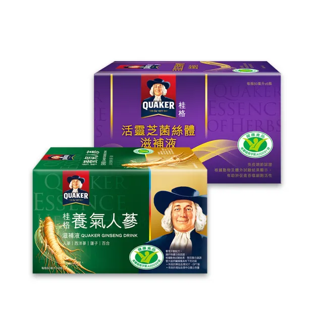 【QUAKER 桂格】養氣人蔘滋補液60ml×6入+活靈芝滋補液60ml×6入(共12入)