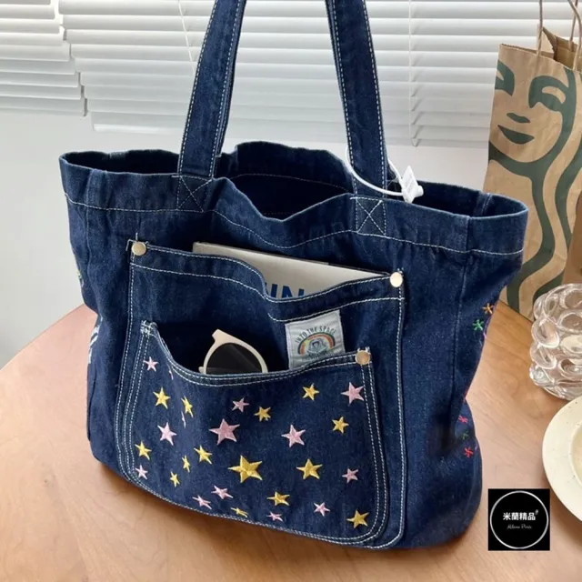 【米蘭精品】現貨限搶 手提包帆布肩背包托特包側背包單肩包隨身女包(刺繡時尚方形2色74jn22)