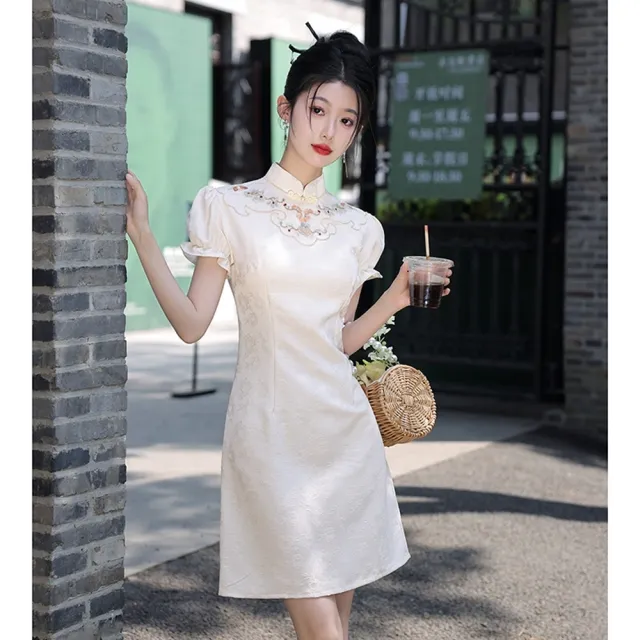 【巴黎精品】雙11現貨限搶 女新中式旗袍連身裙改良旗袍A字裙長裙大碼洋裝大尺碼女裝(泡泡袖收腰2色a1gc54)