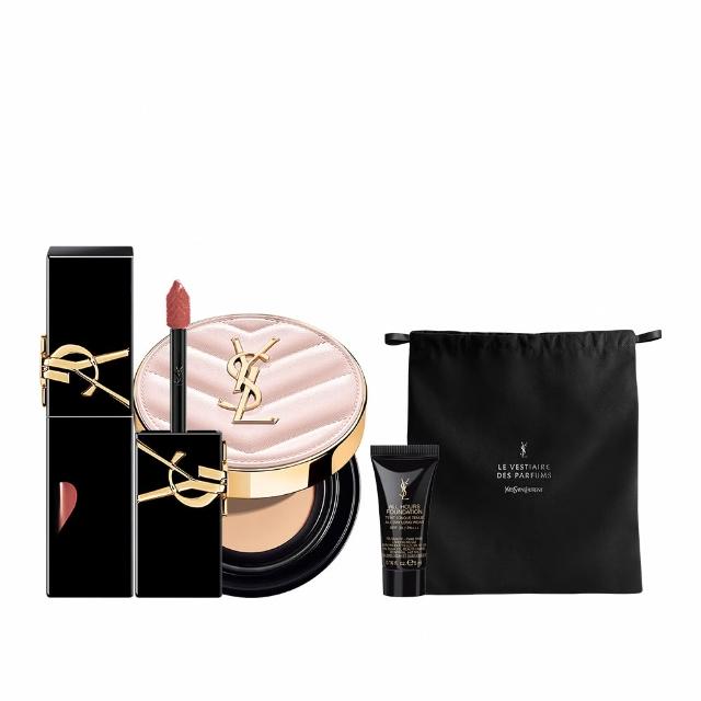 【YSL】官方直營 超模光感鎖心彩妝組(超模光感精華水氣墊+奢華印記鎖心光唇釉)