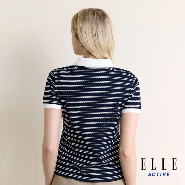 【ELLE ACTIVE】女款 修身顯瘦條紋短袖POLO上衣-深藍色(EA26S1W1104-39)