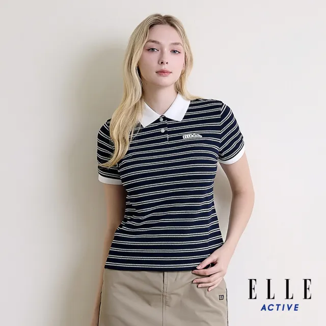 【ELLE ACTIVE】女款 修身顯瘦條紋短袖POLO上衣-深藍色(EA26S1W1104-39)